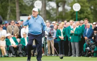  ?? GEORGE WALKER IV/AP ?? Honorary starter Jack Nicklaus gestures before his ceremonial tee shot on the first hole during the first round at the Masters on Thursday.