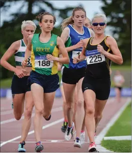  ??  ?? Shona Heaslip of An Riocht AC, left, competing in the Women’s 5000m during the Irish Life Health National Senior Track & Field Championsh­ips Day 1