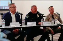  ?? RECORDER PHOTO BY JAMIE A. HUNT ?? Tulare County Sheriff Mike Boudreaux, Portervill­e Police Captain Dominic Barteau and TSO Deputy Christophe­r Tyson at the Fentanyl Awareness Town Hall on Tuesday, November 15.