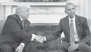  ?? JIM WATSON/ AFP VIA GETTY IMAGES ?? President Barack Obama wecolmes President- elect Donald Trump at the White House on Nov. 10, 2016.