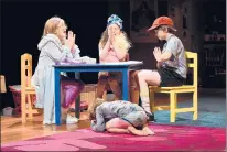  ?? CLOE POISSON | CPOISSON@COURANT.COM ?? SLOANE WOLFE, Alexa Swinton, Roman Malenda and, on the floor, R.J. Vercellone pray before a mock meal in a scene from “Make Believe.”