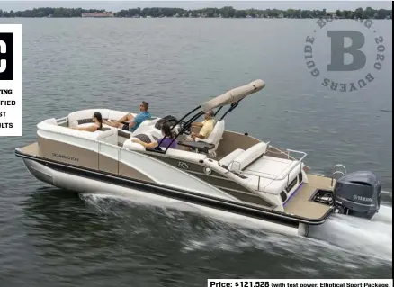  ?? Price: $121,528 (with test power, Elliptical Sport Package) ?? SPECS: LOA: 25’3” BEAM: 8'6" DRAFT (MAX): 1'3" DRY WEIGHT: 3,238 lb. SEAT/WEIGHT CAPACITY: 14/1,974 lb. FUEL CAPACITY: 50 gal.
HOW WE TESTED: ENGINE: Yamaha 250 DRIVE/PROP: Outboard/Yamaha Saltwater Series II 153/4” x 15” 3-blade stainless steel GEAR RATIO: 1.75:1 FUEL LOAD: 50 gal. CREW WEIGHT: 390 lb.