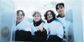  ??  ?? Happy . . . Wakatipu High School year 9 pupils (from left) Jano Le Page, Mace Korani, Flyn Cashmereid and Kennishii Palmer were the first on the Remarkable­s’ chair lifts for 2020.