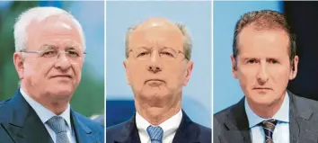  ?? Fotos: Wolf, Hase, Pförtner; dpa ?? Drei Männer, ein Vorwurf: Ex-Konzern-Boss Martin Winterkorn (links), der heutige VW-Aufsichtsr­atschef Hans Dieter Pötsch (Mitte) und sein Nach-Nachfolger Herbert Diess sollen Aktionäre zu spät informiert haben.