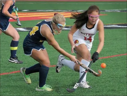  ?? GENE WALSH — DIGITAL FIRST MEDIA ?? Upper Perk’s Colleen Creneti flicks the ball from the reach of Gwynedd Mercy’s Flynn Casey Tuesday.