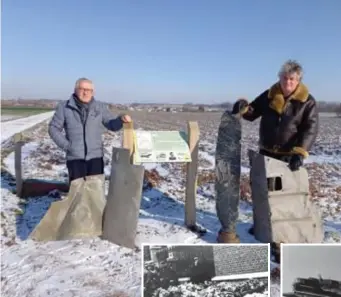  ?? FOTO JOHNNY GEURTS ?? Lambert Loix en Herman Brulmans met restanten van het vliegtuig bij de gedenkplaa­t aan het Hondsgat in Martenslin­de.