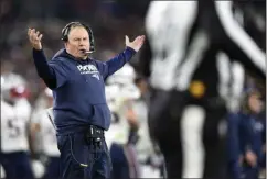  ?? GAIL BURTON - THE ASSOCIATED PRESS ?? New England Patriots head coach Bill Belichick gestures toward an official during the second half of an NFL football game against the Baltimore Ravens, Sunday, Nov. 3, 2019, in Baltimore.