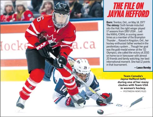  ?? — POSTMEDIA NEWS FILES ?? Team Canada’s Jayna Hefford (left) during one of her many clashes with Team USA in women’s hockey.