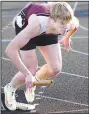  ?? Randy Moll/Westside Eagle Observer ?? Gentry junior Isaac Stell starts from the blocks in a relay at the Gravette track meet on Friday. He finished fourth in the 200-meter run, eighth in the 100 meter race and was on Gentry’s relay team which finished second in the 4x100 and 4x200 on Friday.