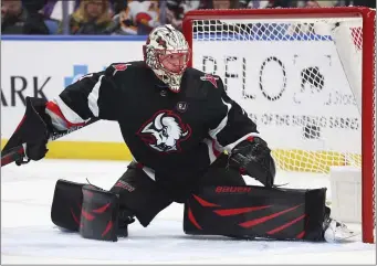  ?? JEFFREY T. BARNES — THE ASSOCIATED PRESS ?? Buffalo Sabres goaltender Ukko-Pekka Luukkonen (1) slides across the crease to make a save during the second period of an NHL hockey game against the Colorado Avalanche, Sunday, Oct. 29, 2023, in Buffalo, N.Y.