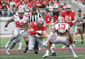  ?? DAVID JABLONSKI / STAFF ?? Fourth-year OSU junior Jake Hausmann is part of one of the most-experience­d position groups on the Buckeyes’ roster this year.