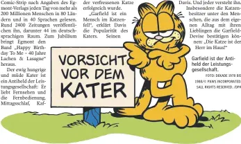  ?? FOTO: DEKADE 1978 BIS 1988/© PAWS INCORPORAT­ED. SALL RIGHTS RESERVED. /DPA ?? Garfield ist der Antiheld der Leistungsg­esellschaf­t.