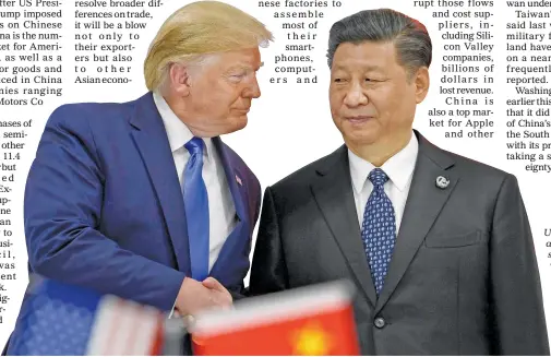  ?? AP/SUSAN WALSH ?? US President Donald Trump, left, shakes hands with Chinese President Xi Jinping during a meeting on the sidelines of the G20 summit in Osaka, western Japan, in June 2019.