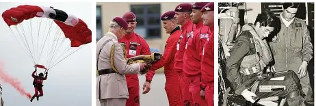  ??  ?? Heir-borne...Charles inspects the regiment, top. Red Devils drop in and present him with kit he wore in 1971, above