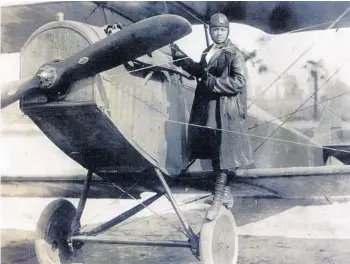  ?? COURTESY PHOTOS ?? Bessie Coleman on the wheel of a Curtiss JN-4 “Jenny” in her custom-designed flying suit, about 1924.