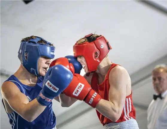  ?? Bild: STEFAN BENNHAGE ?? BÄTTRE NÄSTA GÅNG. Peter Ahlberg, Skoftebyns AIS, i blå tröja förlorade sin match i landskampe­n mot Norge, men lovade bjuda på show nästa gång han boxas inför hemmapubli­k.