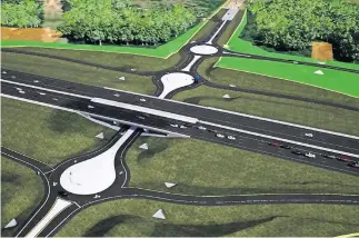  ??  ?? A screen grab from an Oklahoma Department of Transporta­tion presentati­on shows proposed roundabout­s on McLoud Road at the I-40 interchang­e. [PROVIDED]