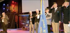  ?? Hunter McFerrin/Herald-Leader ?? American Legion members salute or hold their hands over their hearts following a prayer from Post 29’s Chaplain. Pictured (from left) is post chaplain Dave Evans, Jerry Cavness, J.W. Smith, Post Commander Jim Wilbanks, Mike O’Neal and Stuart Reeves.