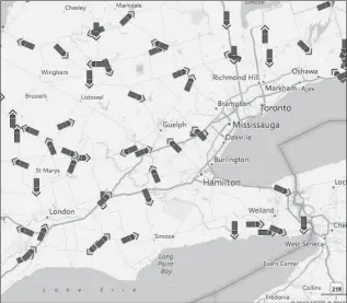  ?? THE HAMILTON SPECTATOR ?? Screen shots from the website trackmyplo­w.com showing the locations of plows around the Hamilton area and beyond. The province also lets all residents track plowing progress on 400-series highways.