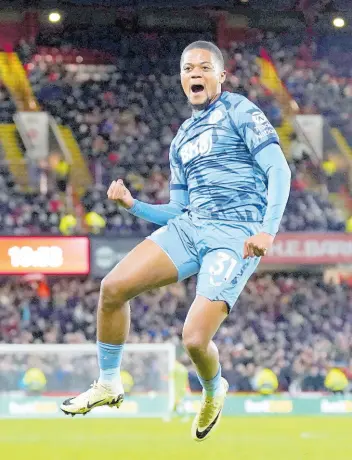  ?? AP ?? Aston Villa’s Leon Bailey celebrates scoring his side’s third goal during the English Premier League match between Sheffield United and Aston Villa at the Bramall Lane stadium in Sheffield, England on Saturday, February 3, 2024