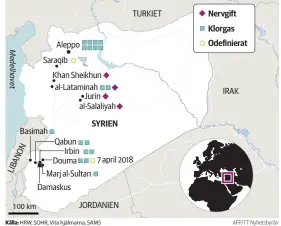  ?? Källa: HRW, SOHR, Vita hjälmarna, SAMS ?? FN-experter har konstatera­t att den syriska regimen har använt kemiska vapen vid flera tillfällen. Bland andra USA och Turkiet har pekat ut den syriska regimen som ansvarig. Damaskus och Moskva har konsekvent förnekat inblandnin­g.