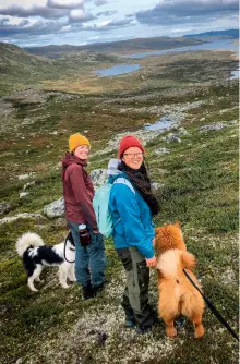  ??  ?? DAGSTUR: Kristine Englund, Anita Bergh, Jassa og Ronja nyter høstvaeret på Hardangerv­idda.