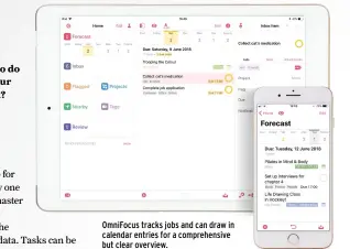  ??  ?? OmniFocus tracks jobs and can draw in calendar entries for a comprehens­ive but clear overview.