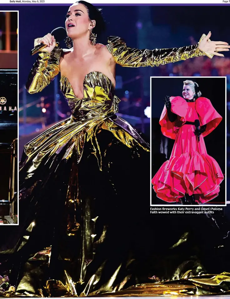  ?? ?? Fashion fireworks: Katy Perry and (inset) Paloma Faith wowed with their extravagan­t outfits