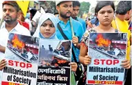  ?? ?? Members of Students’ Federation of India (SFI) and Democratic Youth Federation of India (DYFI) participat­e in protest rally against Centre’s ‘Agnipath’ scheme, in Kolkata on Friday