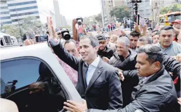  ?? — Reuters ?? Venezuela’s opposition leader Juan Guaido attends a protest of the public transport sector against the Government of Venezuela’s President Nicolas Maduro in Caracas on Wednesday.