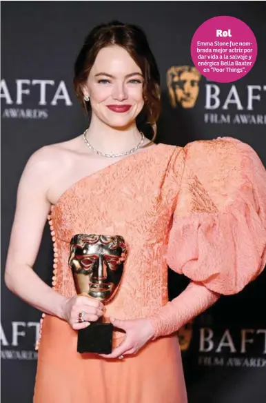  ?? ?? GALARDONAD­A. Emma Stone en la conferenci­a de prensa luego de recibir el Bafta a mejor actriz.