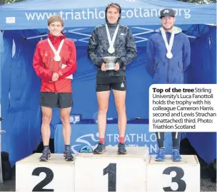  ??  ?? Top of the treeStirli­ng University’s Luca Fanottoli holds the trophy with his colleague Cameron Harris second and Lewis Strachan (unattached) third. Photo: Triathlon Scotland