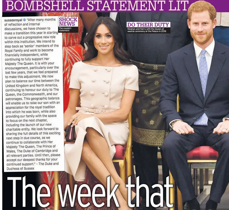  ??  ?? The couple’s statement
Meghan and Harry with the Queen at awards ceremony at the Palace in 2018