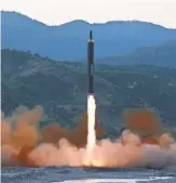  ?? AP ?? This photograph distribute­d by North Korea shows what Pyongyang says is the Hwasong- 12’ s launch Sunday.