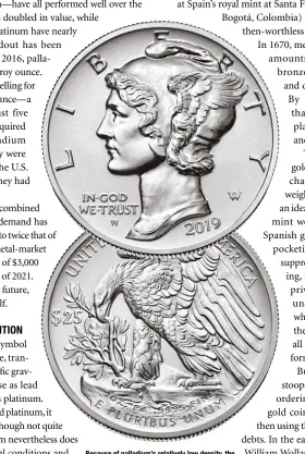  ?? US MINT ?? Because of palladium’s relatively low density, the American Palladium Eagle is substantia­lly larger in diameter and thicker than the Platinum Eagle.