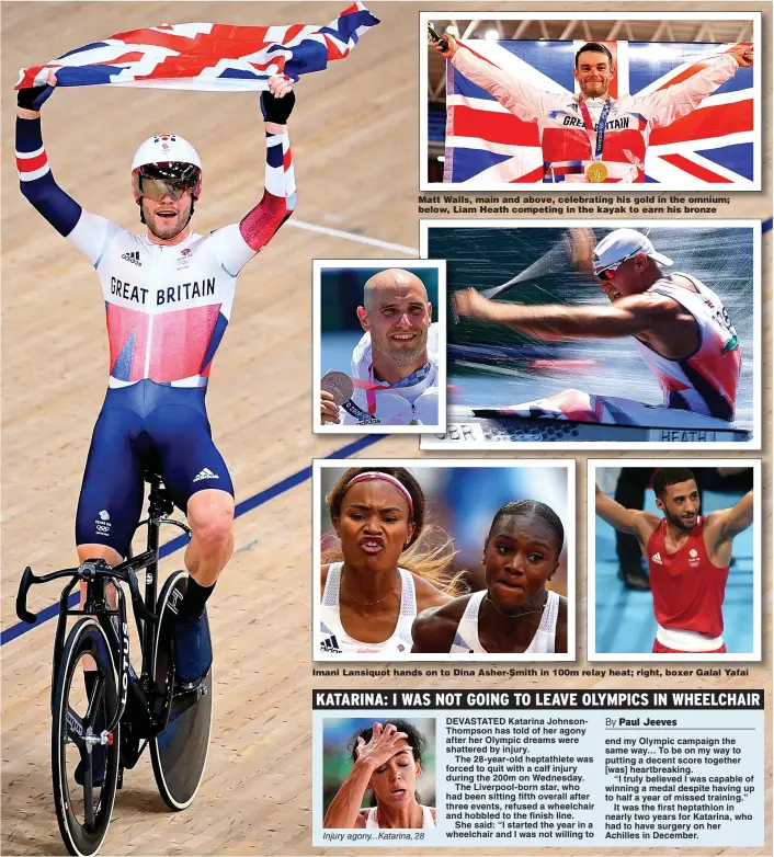  ?? Pictures: ANDY STENNING, MARTIN RICKETT/PA, CHRISTIAN HARTMANN/REUTERS, JUSTIN SETTERFIEL­D/GETTY, SERGEI BOBYLEV\TASS ?? Matt Walls, main and above, celebratin­g his gold in the omnium; below, Liam Heath competing in the kayak to earn his bronze
Imani Lansiquot hands on to Dina Asher-Smith in 100m relay heat; right, boxer Galal Yafai
Injury agony...Katarina, 28