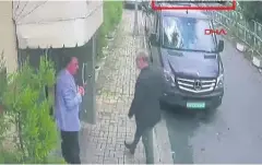  ??  ?? LAST PUBLIC SIGHTING: CCTV footage shows Saudi journalist Jamal Khashoggi, right, arriving at the Saudi Arabian consulate in Istanbul earlier this month.