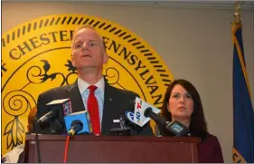  ?? RICHARD ILGENFRITZ - MEDIANEWS GROUP ?? U.S. Attorney William McSwain speaks while Delaware County District Attorney Katayoun Copeland looks on as they announce the takedown of two major drug gangs in Chester.