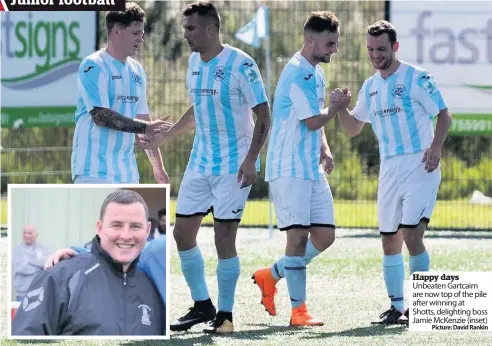  ?? Picture: David Rankin ?? Happy days Unbeaten Gartcairn are now top of the pile after winning at Shotts, delighting boss Jamie McKenzie (inset)