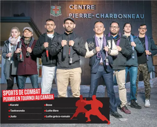  ??  ?? Amanda Campeau, Nobuya Shimamoto, Michele Forte, Johnny Zemouli, Danny An Khoi Vu, Martin Nguyen , Patrick Émard et David Bonacci ont été privés de leur championna­t canadien de jiu-jitsu hier au centre Pierre-Charbonne