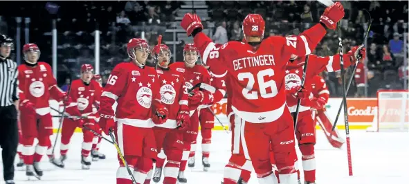  ?? GETTY IMAGES ?? Greyhounds’ forward Tim Gettinger celebrates an overtime goal earlier this season. The Sault Ste. Marie squad is the top-ranked team in the CHL.