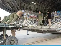  ?? — KUNA photos ?? Workers load up relief aid into the plane.