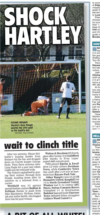  ?? PICTURE: Paul Paxford ?? FLYING HOUGH: Horley’s Kyle Hough scores the only goal in his team’s win