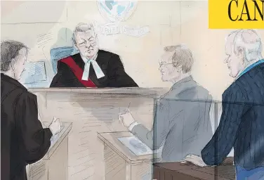  ?? ALEXANDRA NEWBOULD/THE CANADIAN PRESS ?? Paul Aubin, left, of Bruce McArthur’s defence team, faces Justice John McMahon Monday to discuss a possible timeline for the multiple murder case, as McArthur, right, and Crown attorney Michael Cantlon look on in this court sketch.