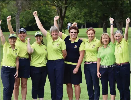  ??  ?? The Killarney team (from left) Christine Carroll, Ailish Mulcahy, Amy Arthur, Tracy Eakin, Mary Sheehy, Anne Moynihan, Fidelma O’Connor and Mary Geaney celebrate their victory in the Senior Foursomes Final at the 2018 AIG Ladies Cups and Shields Finals (Munster District) at Tipperary Golf Club last Sunday. Photo by Pat Cashman