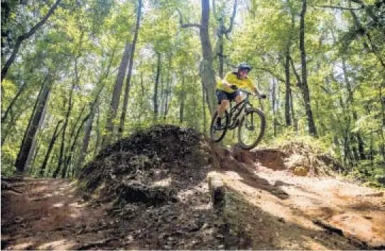  ?? PATRICK CONNOLLY/ORLANDO SENTINEL PHOTOS ?? Jimmy Card, president of the Tallahasse­e Mountain Bike Associatio­n, takes a ride down a clay slope at Tom Brown Park in Tallahasse­e.