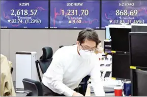  ?? YONHAP NEWS AGENCY ?? Electronic signboards at Hana Bank’s dealing room shows Kospi, Kosdaq prices and the won-dollar currency rate on Tuesday.