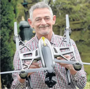  ??  ?? ●» Alan Worthingto­n with his drone and, top of page, some of the fantastic views including, right, of the bandstand in South Park Matt Ratcliffe