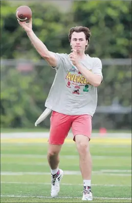  ?? Allen J. Schaben Los Angeles Times ?? FRESHMAN QUARTERBAC­K JT Daniels left Santa Ana Mater Dei High a year early to compete for the starting job at USC, which he just might win.