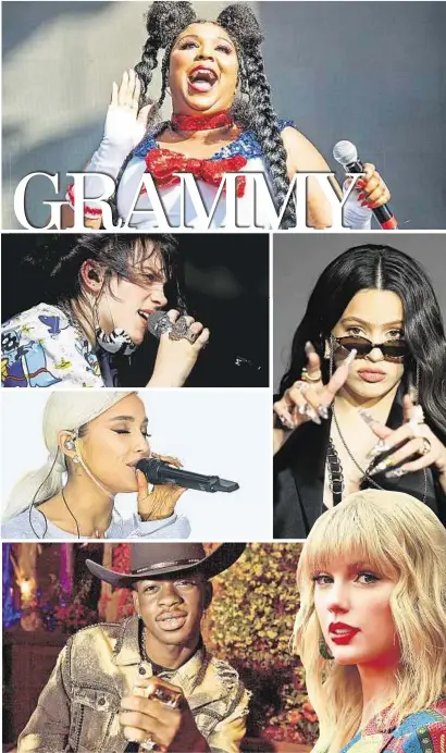  ??  ?? FIGURAS. Con ocho, Lizzo quedó al frente de la lista de nominacion­es a los Grammy. Le siguen Billie Eilish y Lil Nas X, con seis nominacion­es cada uno. Rosalía sorprende con mejor artista nuevo; Ariana Grande y Taylor Swift destacan.